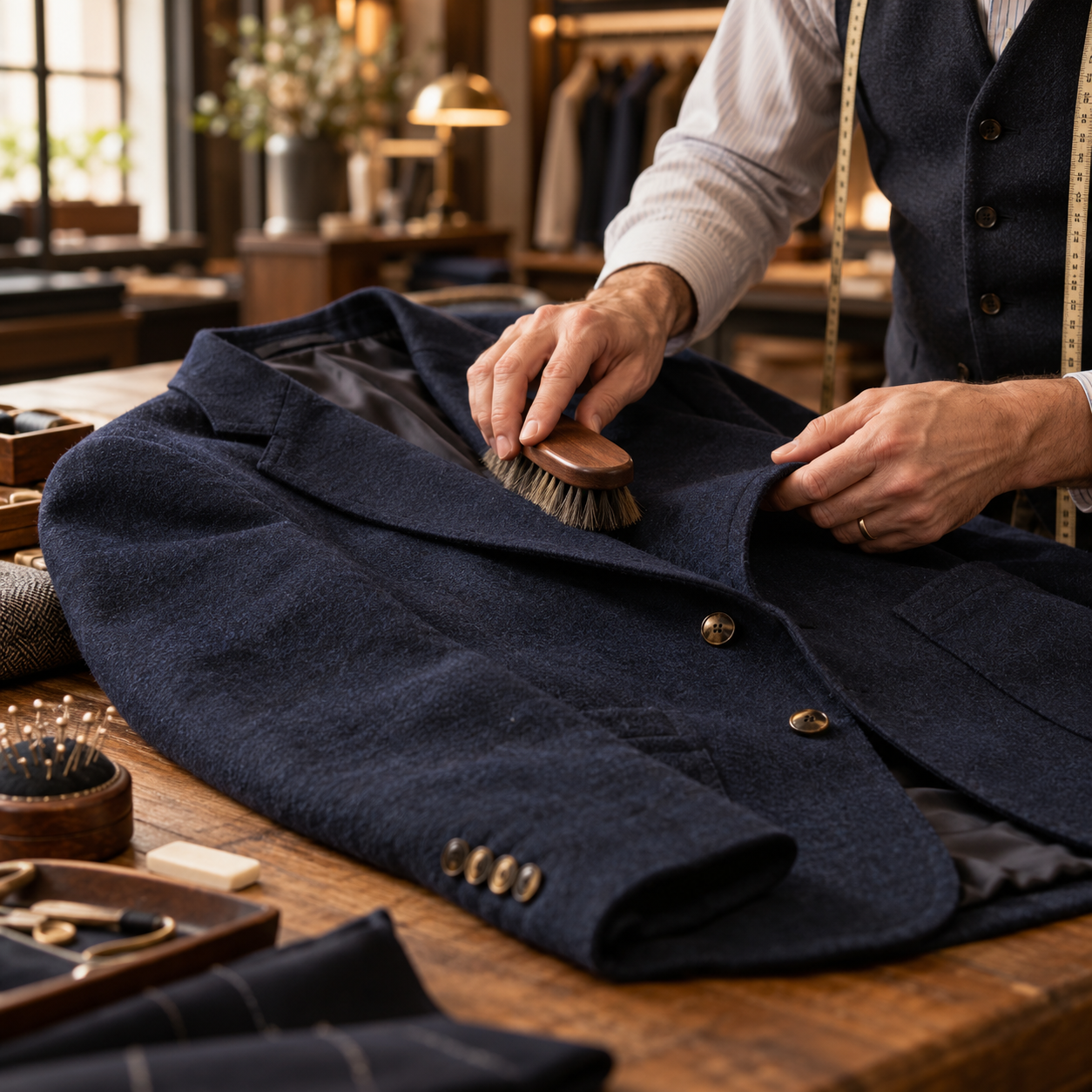 Tailor brushing a navy sport coat on a wooden worktable