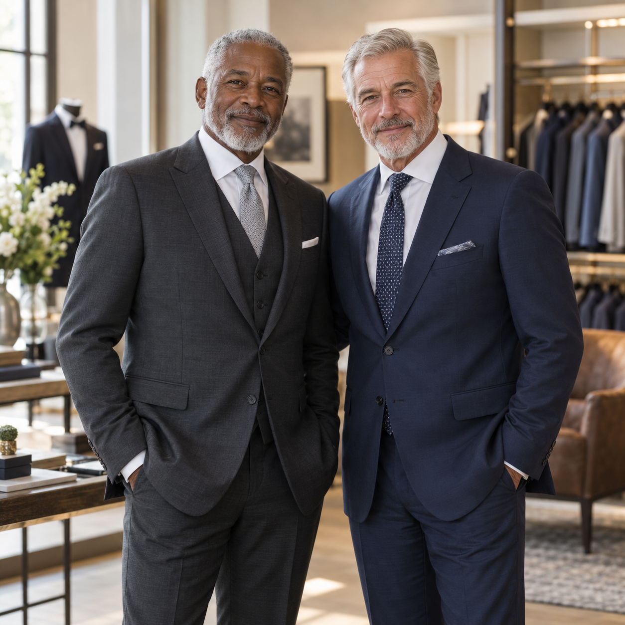 Two older men in elegant tailored suits