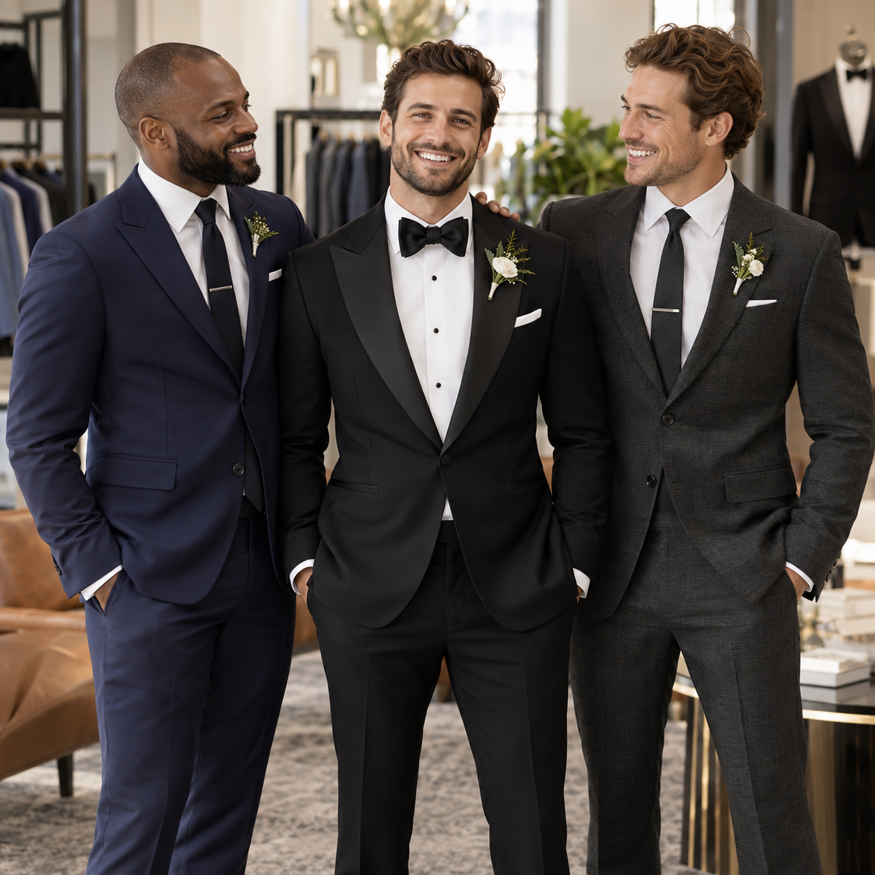 Groom with two groomsmen in coordinated formalwear