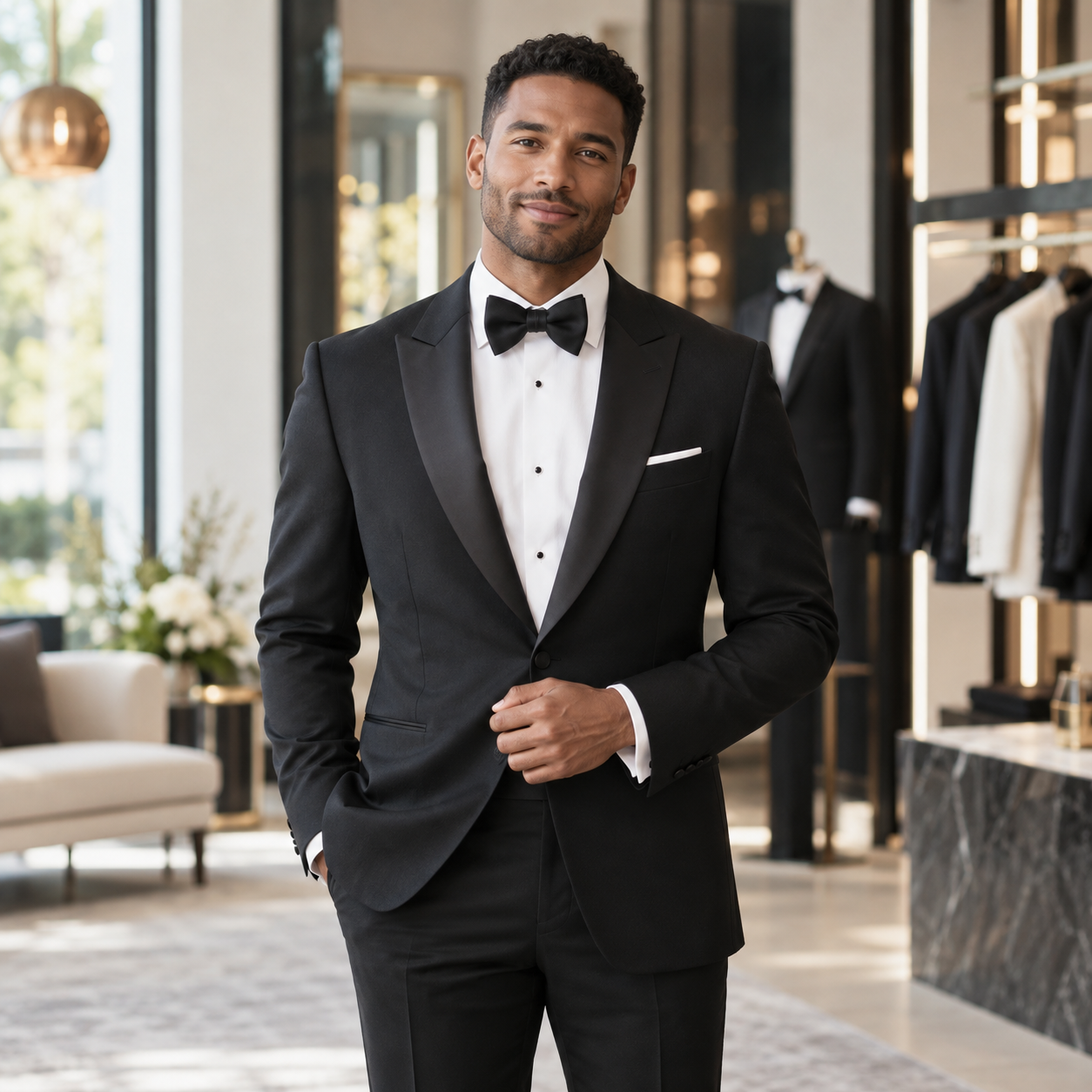 Groom in a tailored tuxedo in a refined menswear showroom
